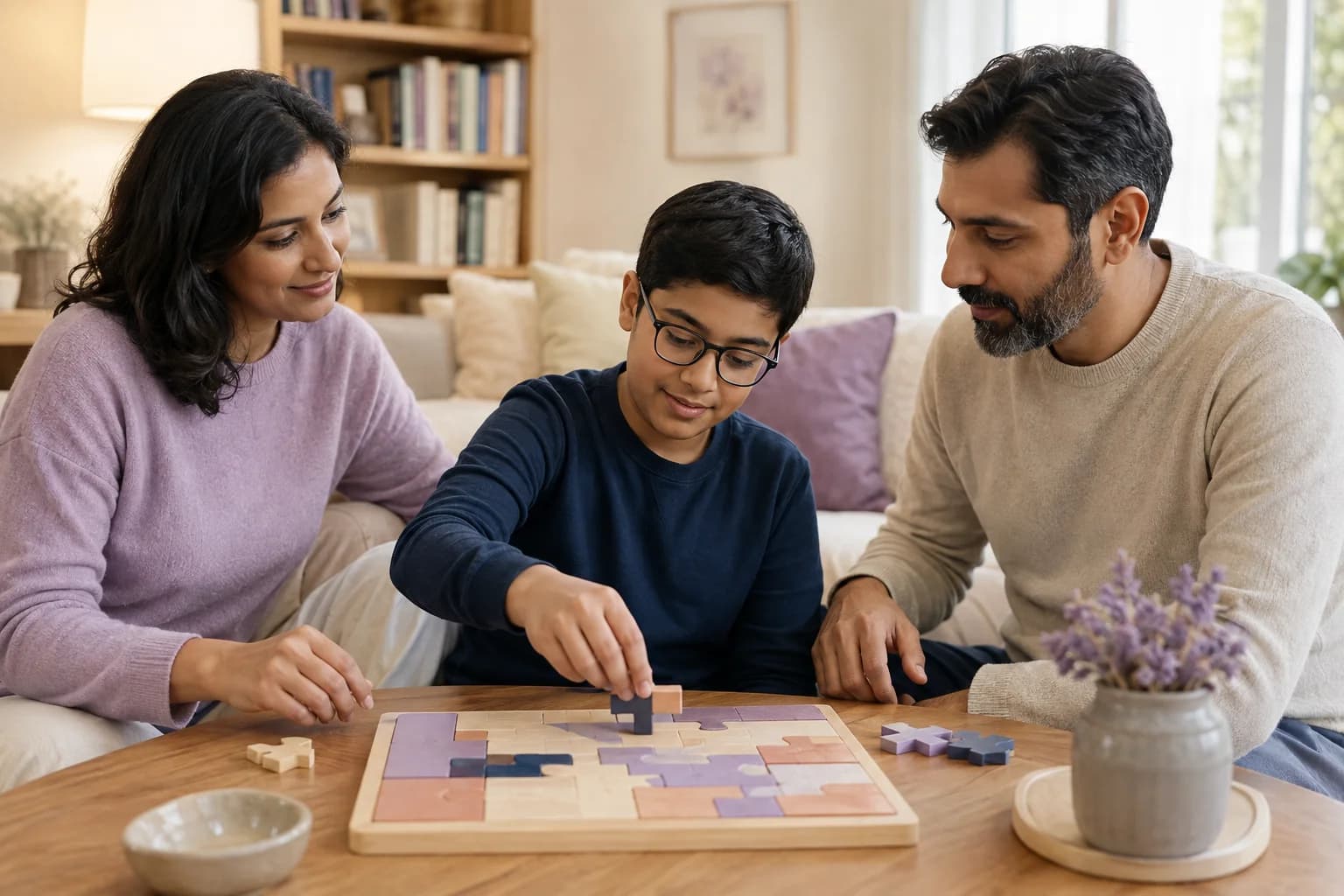 A child placing a puzzle piece while his parents share a calm moment at home.