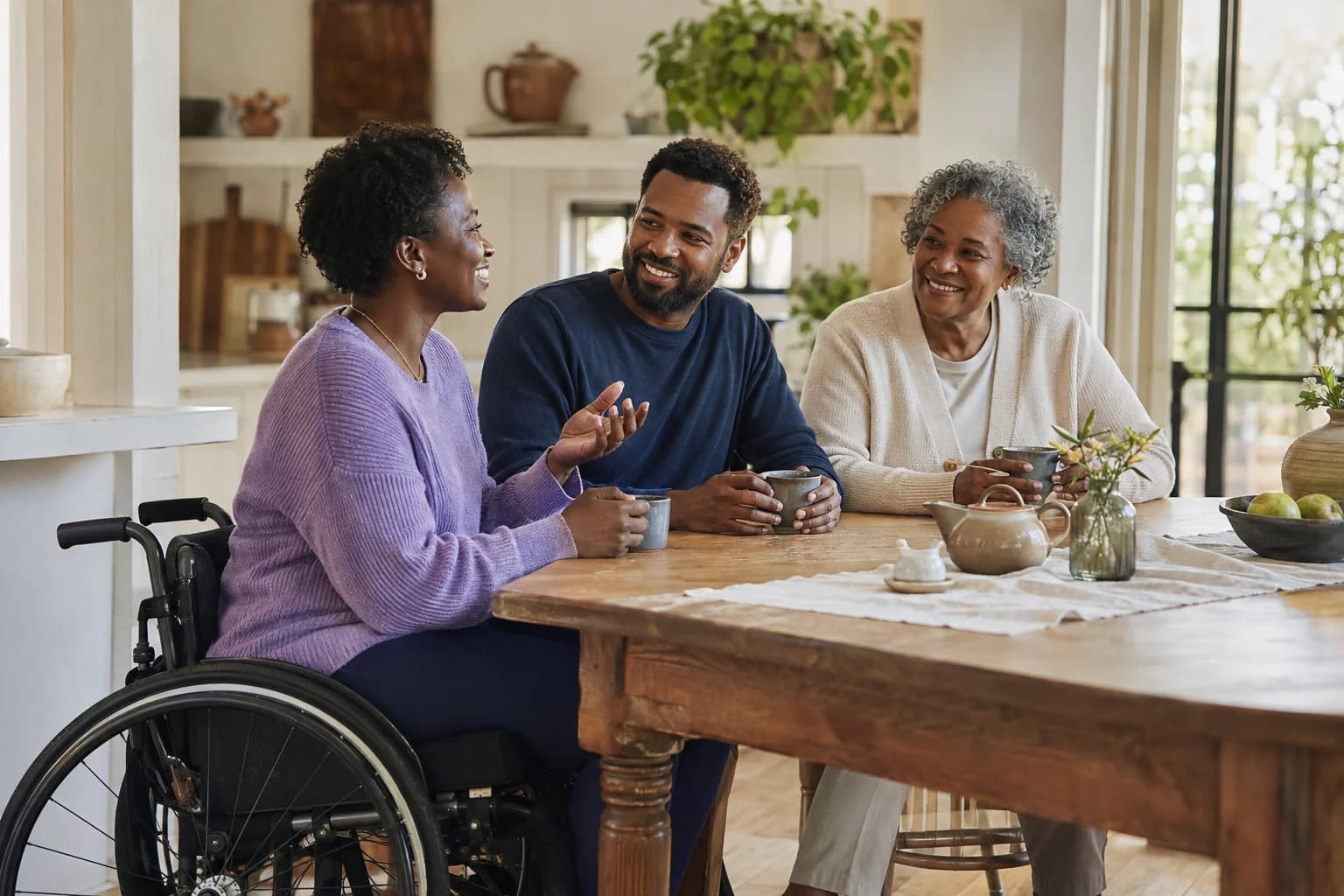 A woman using a wheelchair planning her day with her partner and an older family member.