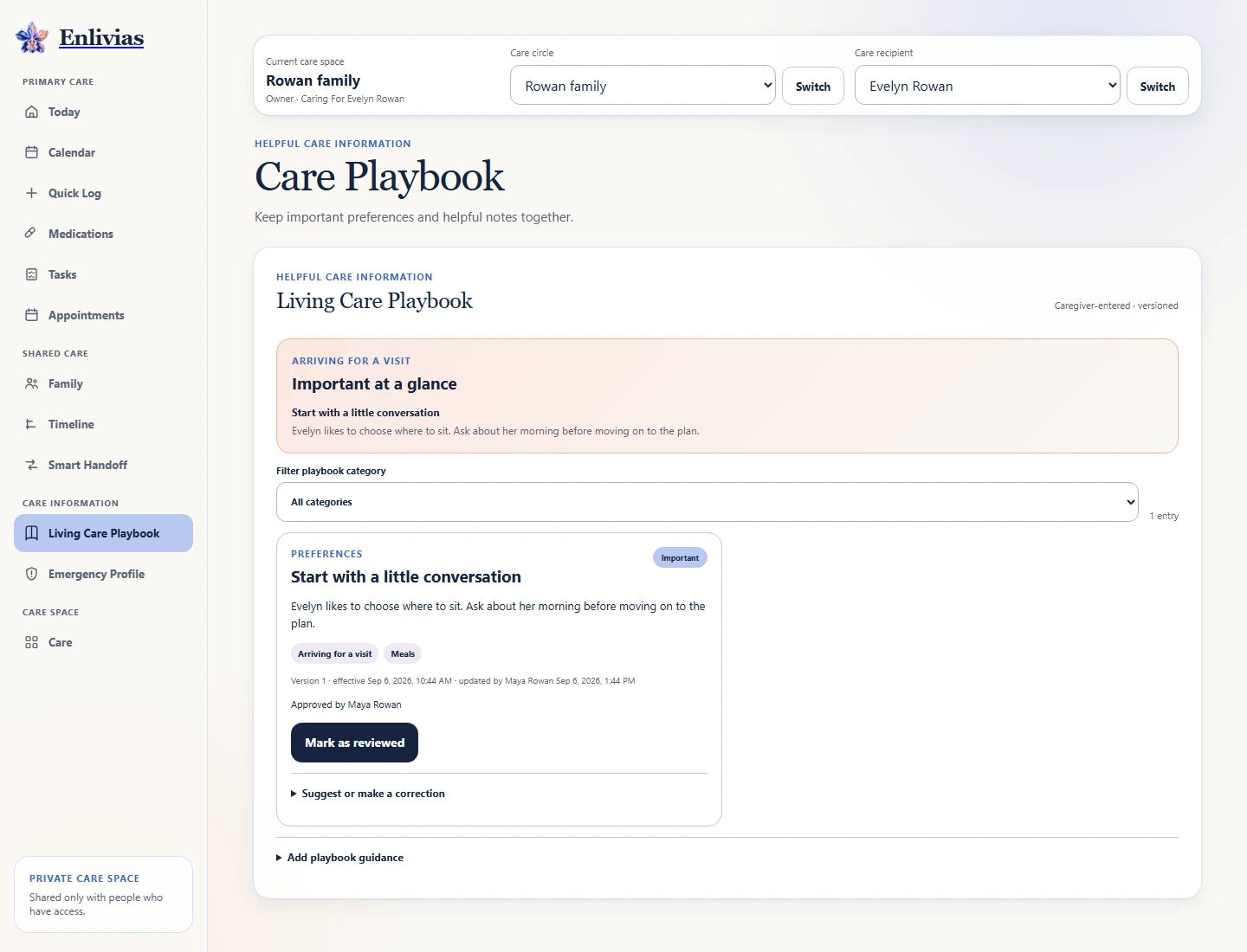Living Care Playbook showing a personal preference to begin a visit with conversation and an important guidance card.